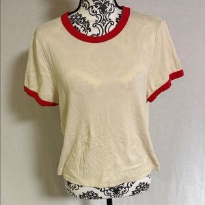 Marine Layer Lexi Rib Sun In Crewneck Ringer Tee in Cream and Hibiscus Red trim